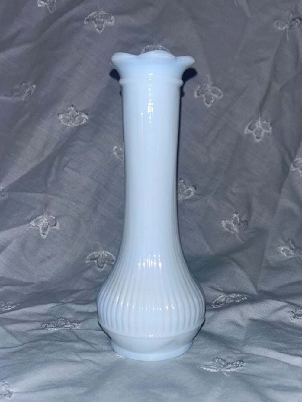 Vintage Randall White Milk Glass Bud Vase with Ribbed Body Scalloped Petal Rim